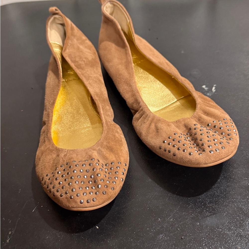 J. Crew Tan Suede Studded Flats 8.5 made in Italy